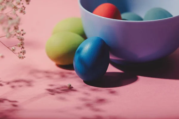 Пасхальные яйца, цветок и тарелка на розовом фоне — стоковое фото