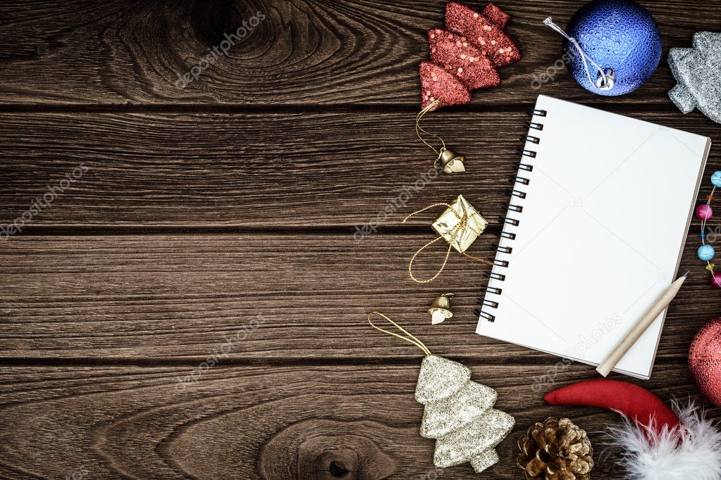 Greeting, Blank Notebook With Christmas decoration on wooden Bac