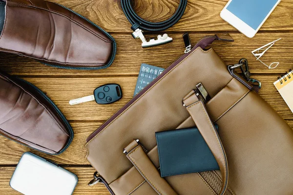 Still life Top view of gentleman set: brown leather shoes, walle — Stock Photo, Image