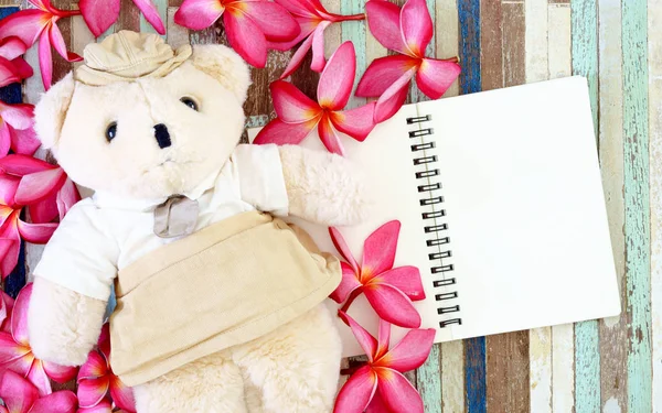 teddy bear with blank open notebook on wooden background, copy s