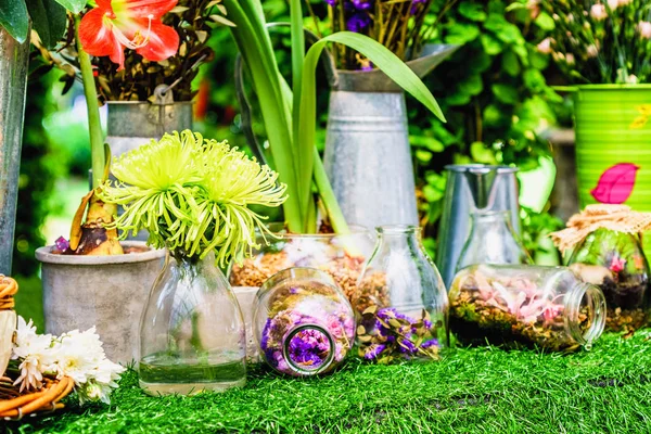 Ev dekorasyon fikir, çiçekler açık bir şişe 