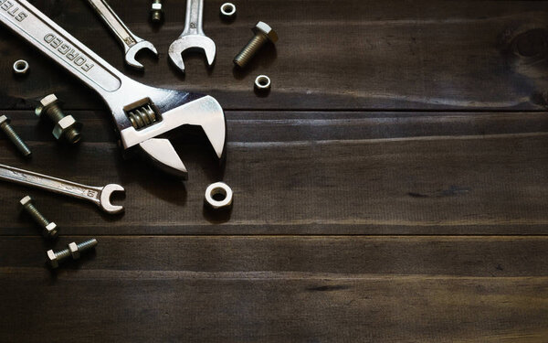 Still life close up of forged Steel adjustable wrench, wrenches,