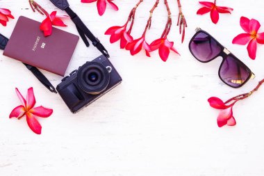 Düz seyahat aksesuar arka plan kavramı yatıyordu. Kamera, Beyaz ahşap zemin üzerinde pembe flora çiçekli pasaport kitap ve güneş glassess. Kopya alanı ile üstten görünüm.