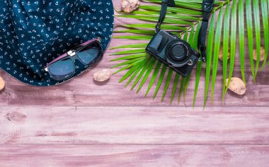 Düz seyahat aksesuar arka plan kavramı yatıyordu. Kamera, şapka, Güneş glassess, yeşil yaprak ve ahşap arka plan üzerinde küçük kayalar. Kopya alanı ile üstten görünüm.