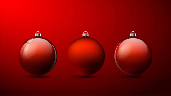 Ensemble Trois Boules Noël Rouges Avec Ombres Sur Fond Rouge — Image vectorielle