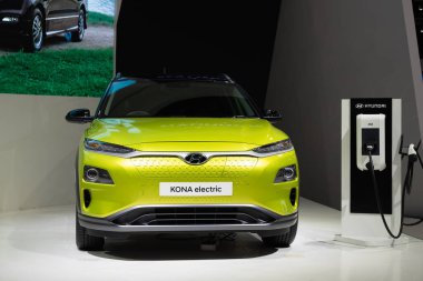 Bangkok, Thailand - March 8, 2020: metallic green Hyundai KONA electric, new generation electric Vehicle  (Electric Car) by South Korean automotive manufacturer Hyundai