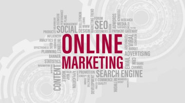 Online marketing in word tag cloud. Digital Online Marketing business and technology background concept. Vector illustration. clipart