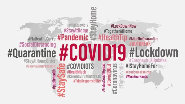 COVID19 dünya hashtag arka plan kavramı. COVID 19 ve Coronavirus kelime bulut dünya haritası arka planı. Soyut konsept Corona virüs hastalığı. Vektör illüstrasyonu