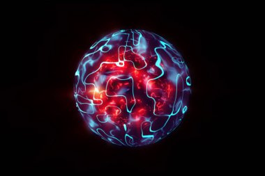 Enerji küreli soyut bir arkaplan. 3D görüntüleme. Soyut parlak neon küre. Fütürist mavi ve kırmızı dalgalı dalgalı arkaplan. 3d şekil çizimi.