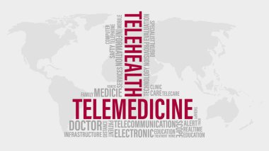 Teletıp dünya haritasında TeleHealth Word Cloud 'a karşı. Sağlık arka planı kavramı.