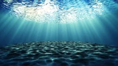 Deniz altlarında soyut dalış. Gerçekçi koyu mavi okyanus yüzeyi kamera dalışı simülasyonuyla sualtından görülüyor. Suyun altındaki soyut dalgalar ve ışıldayan güneş ışınları. 4K 3D görüntüleyici.