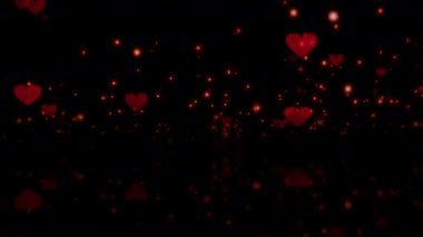 Soyut Sihirli kırmızı kalpler parıldayan bokeh ve yansıyan arka plan ile uçuyor. 4K Uçan Aşk Kalpleri Sevgililer Günü, Aşk, Romantizm İçin Şekiller. Arkaplan Döngüleme Canlandırması. 