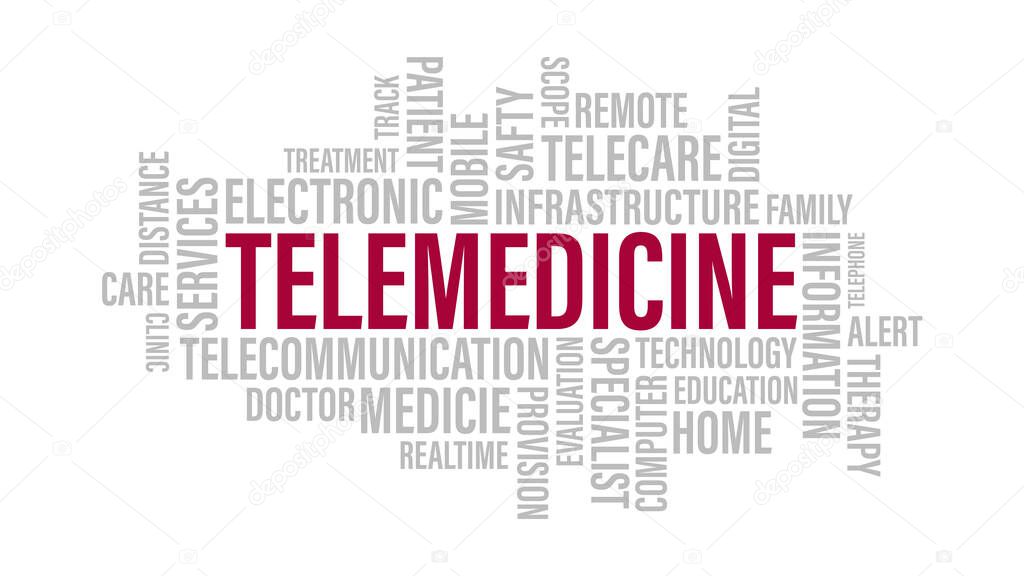 Telemedicine Word Cloud. Telehealth remote medicine word tag on white background concept.