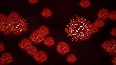 Kanın içinde enfekte olmuş COVID-19 virüsü. Kırmızı virüs hücreleri Coronavirus Covid19 konseptini taşıyor. 2019-NCov olarak da bilinir. Kamera DoF soyut arkaplana sahip 4K 3D Renderleme Virüsü.