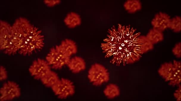血液中のCovid 19ウイルスに感染 コロナウイルスCovid19の概念を流れる赤いウイルス細胞 2019 Nconvとも呼ばれる 3Dレンダリングウイルスとカメラ Dofアブストラクト背景 — ストック動画