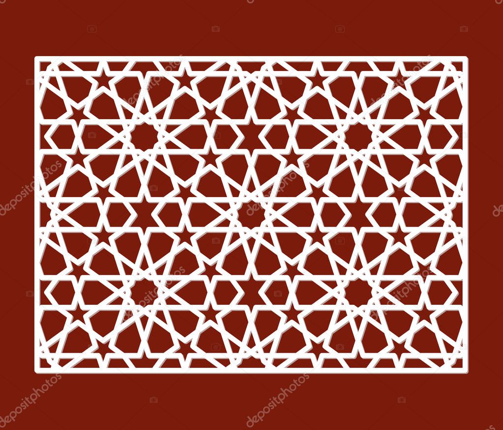 Oriental style cutout panel for laser cutting. White on brown background.