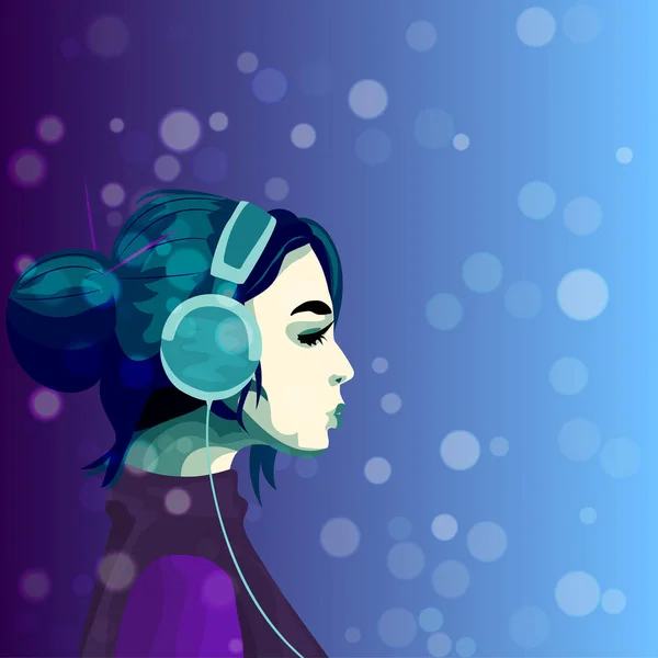 Chica escuchando música en las cabeceras — Vector de stock