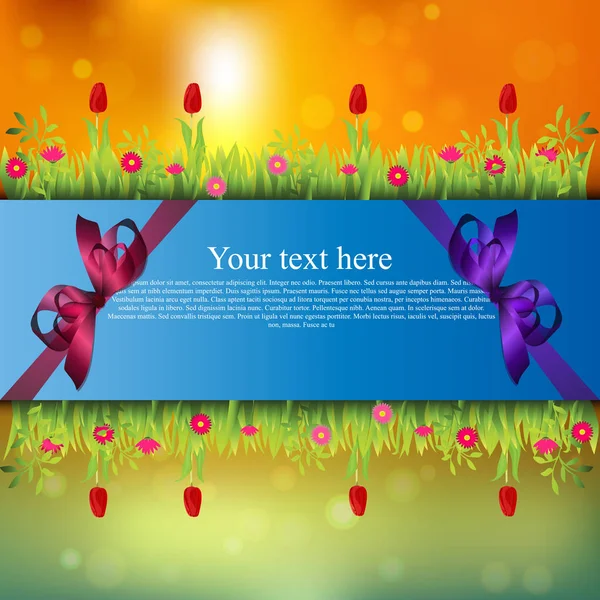 Banner con hierba y flores — Vector de stock