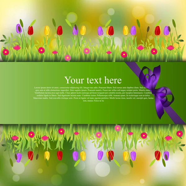 Banner con hierba y flores — Vector de stock