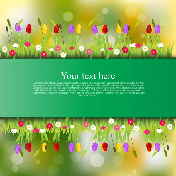 Banner con hierba y flores — Vector de stock