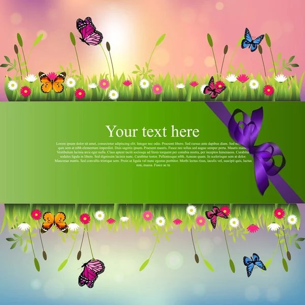 Banner com grama e flores — Vetor de Stock