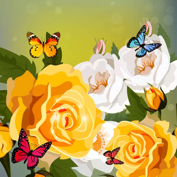 Rosas y mariposas — Vector de stock