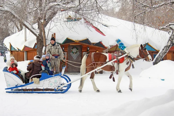 OMSK, RUSSIA - JANUARY 14, 2017: Horse-drawn carriage rides in winter park — Stock Photo, Image