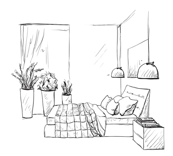 Dormitorio moderno boceto interior. Muebles — Vector de stock