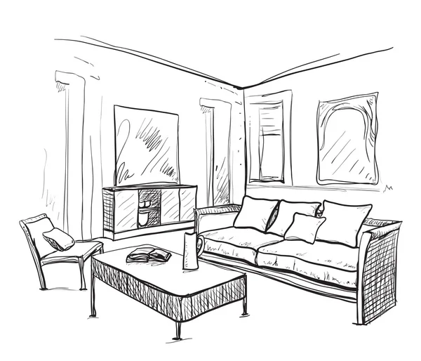 Interior de habitación dibujado a mano. Esbozo de muebles . — Vector de stock