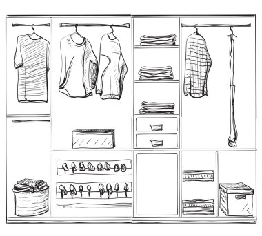 Elle çizilmiş gardırop kroki. Giysi ve ayak.