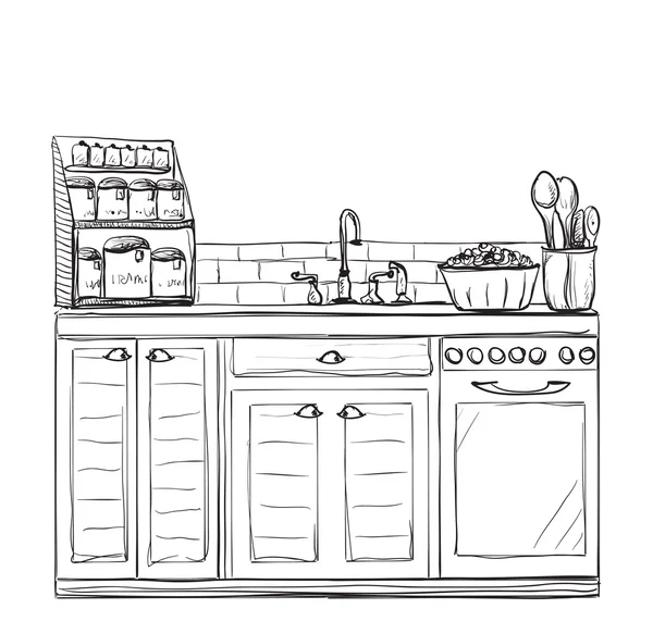Kuchyňské vnitřní kresba, vektorové ilustrace — Stockový vektor