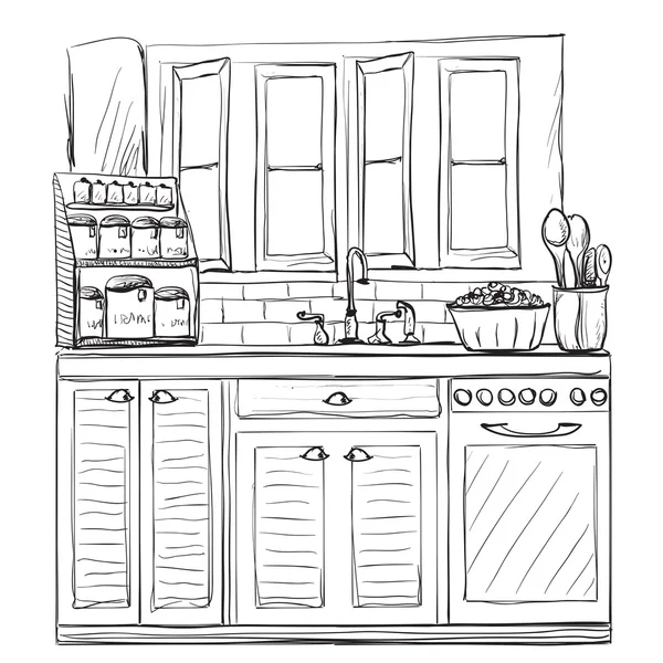 Kuchyňské vnitřní kresba, vektorové ilustrace — Stockový vektor