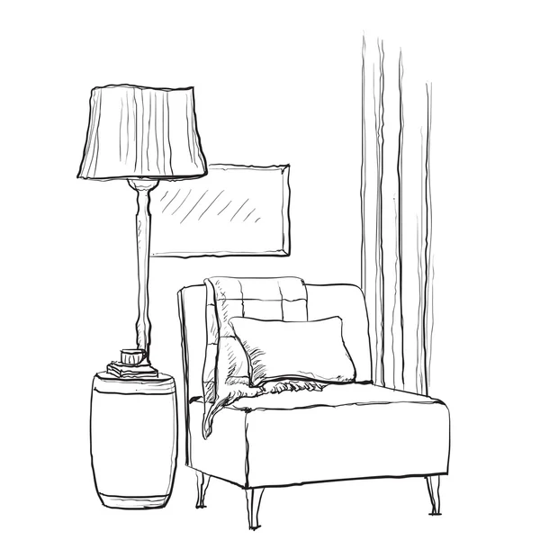 Interior de habitación dibujado a mano. Silla y lámpara . — Vector de stock