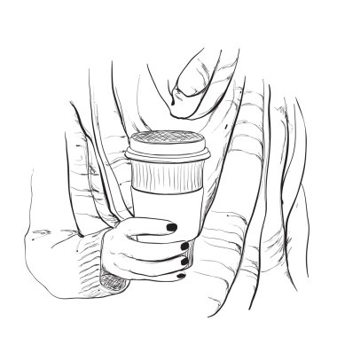 Fincan kahve ile Fularlı Kız moda çizimi