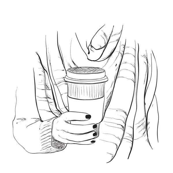 Мода иллюстрация девушки в шарфе с чашкой кофе — стоковый вектор