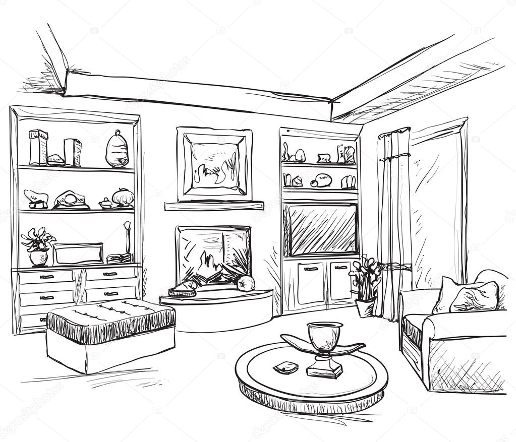 Hand drawn room interior. Furniture sketch.