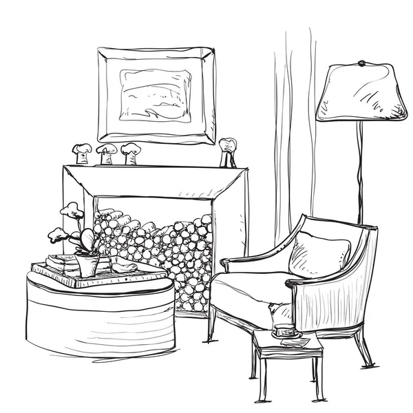 Interior da casa com poltrona e lareira — Vetor de Stock