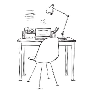 Bir bilgisayar veya çalışma alanı içeren tabloyu el ile doodle tarzı çizilmiş.