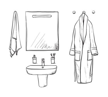 Banyo iç öğeleri. Ayna ve lavabo. Bornoz