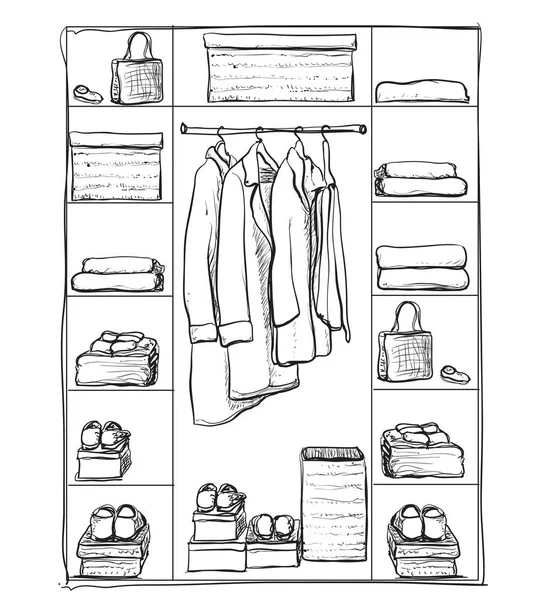 Hand drawn wardrobe sketch. Clothes of the hanger. — Stock Vector