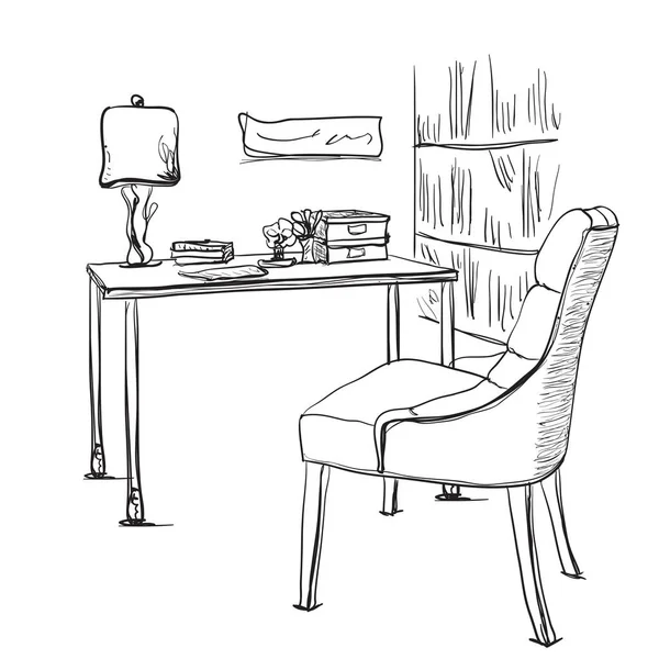 Стол с компьютером или рабочим местом, нарисованный вручную . — стоковый вектор