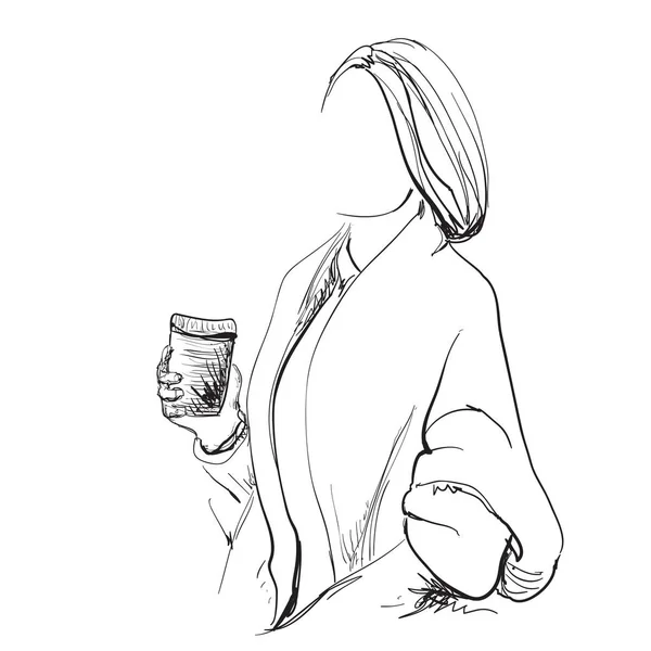 コーヒー カップと美しい若い女性のスケッチ — ストックベクタ