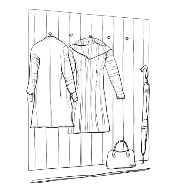 Croquis d'armoire dessiné à la main avec des vêtements . — Image vectorielle