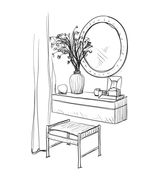 Chaise, table et miroir dessinés à la main . — Image vectorielle