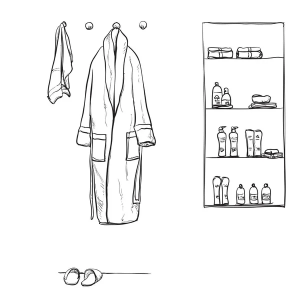 Dräkt för dusch, badrock, doodle stil, skiss illustration, hand dras. — Stock vektor