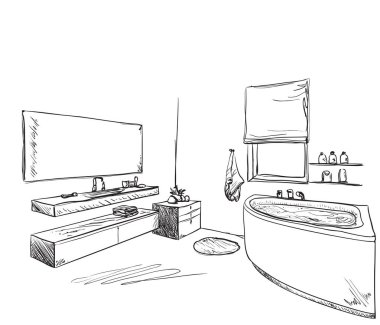 Elle çizilmiş banyo. Mobilya çizimi.