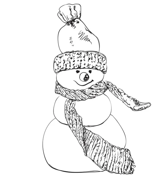 Ícone de boneco de neve em linhas de esboço de rabiscos. Inverno de neve temporada de dezembro Natal . — Vetor de Stock