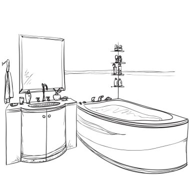 Elle çizilmiş banyo. Mobilya çizimi.