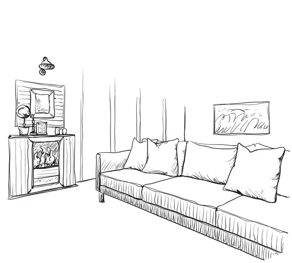 Desenho interior do quarto desenhado à mão . — Vetor de Stock