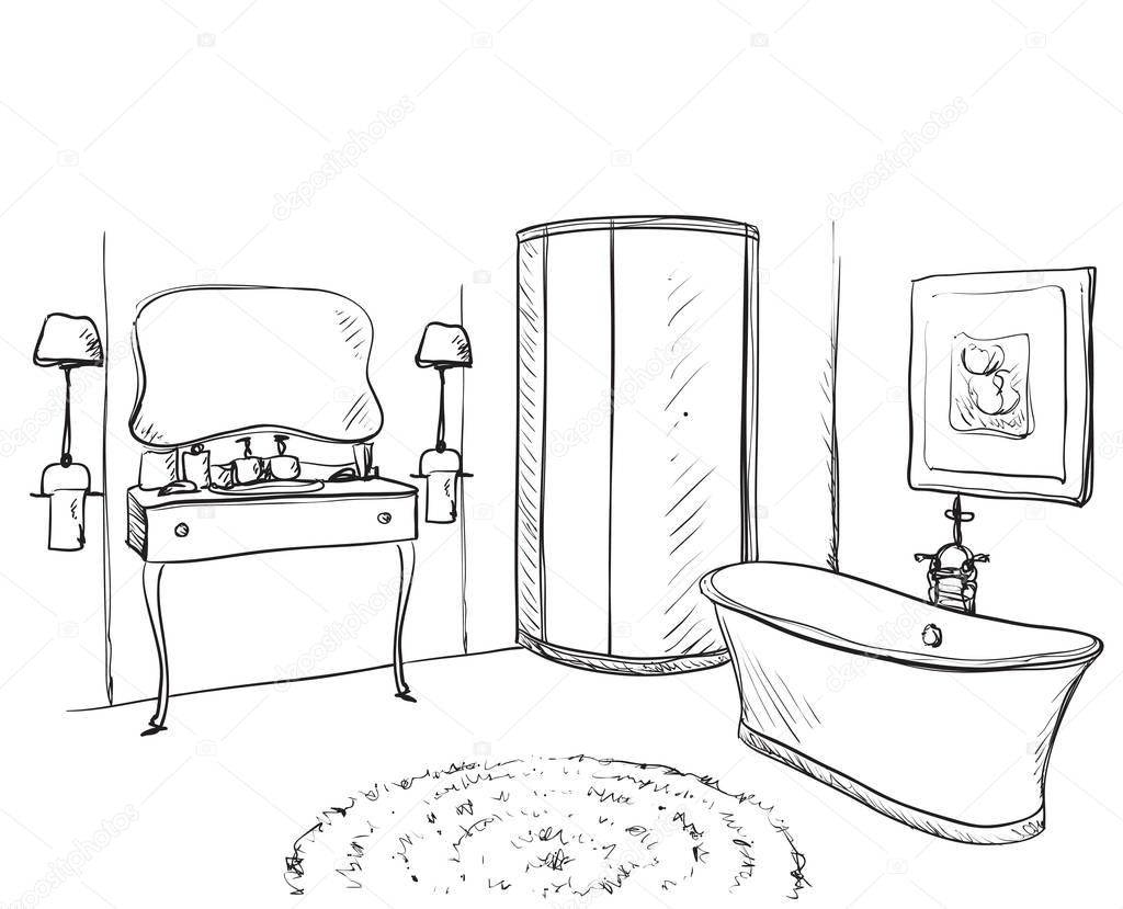 Mano dibuja el cuarto de baño. Dibujo de muebles — Vector de stock